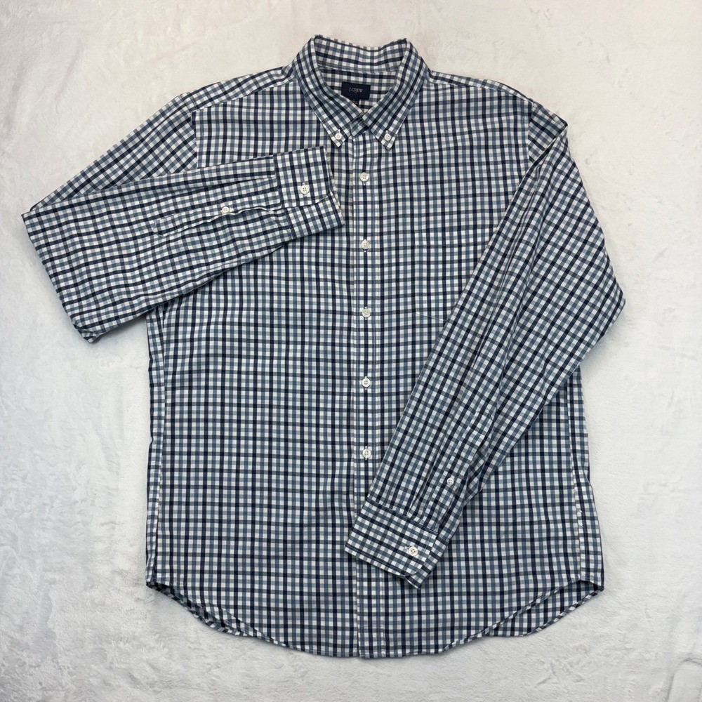 J.Crew Mens Navy Blue Gingham Check Cotton Button Down Shirt Large